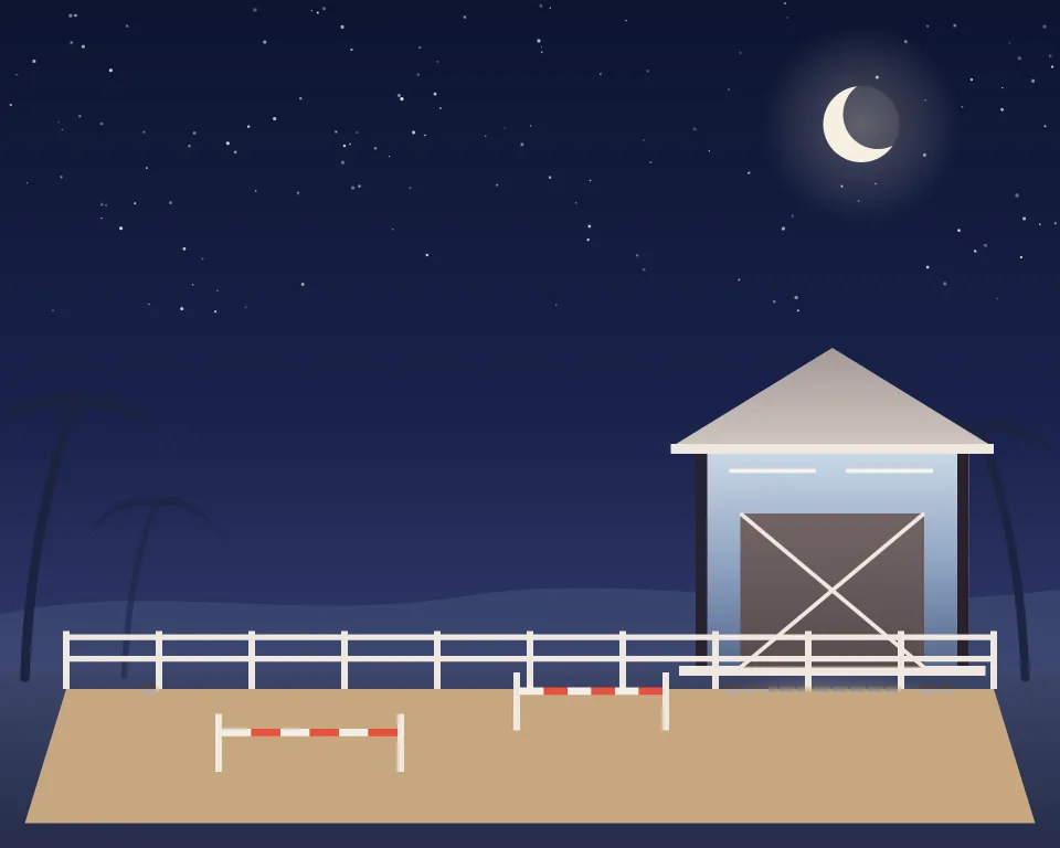 Drawn scene: a sand riding arena with show jumps and a stable.