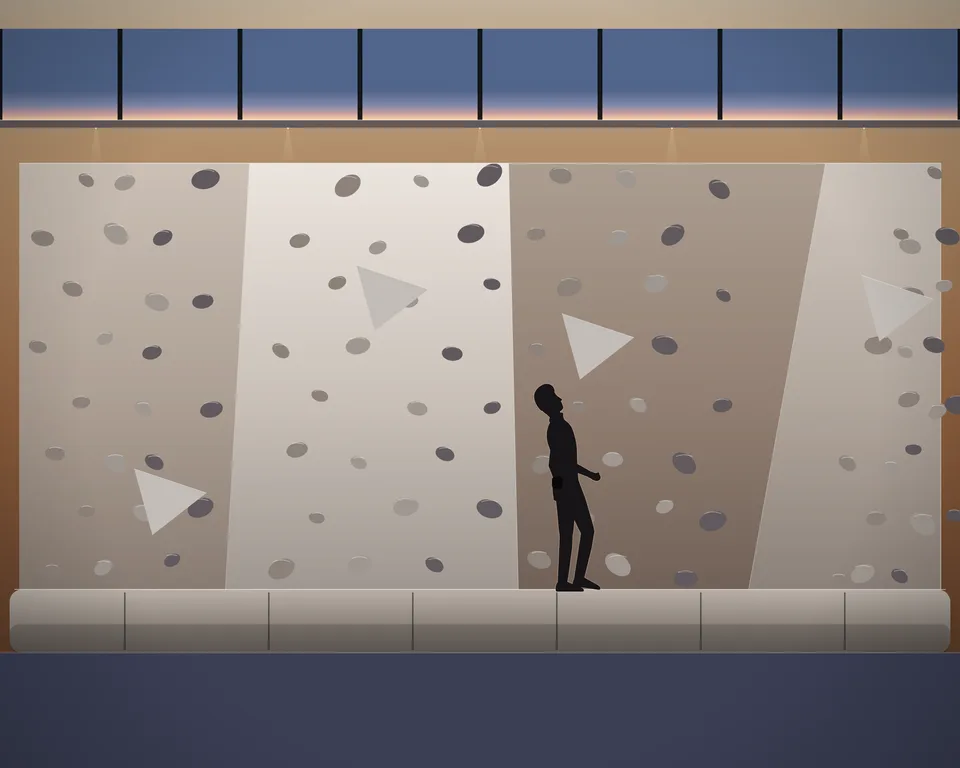 Illustration: an indoor bouldering wall at dusk, angled panels studded with holds above thick crash mats, a climber standing on the mat looking up at the overhang