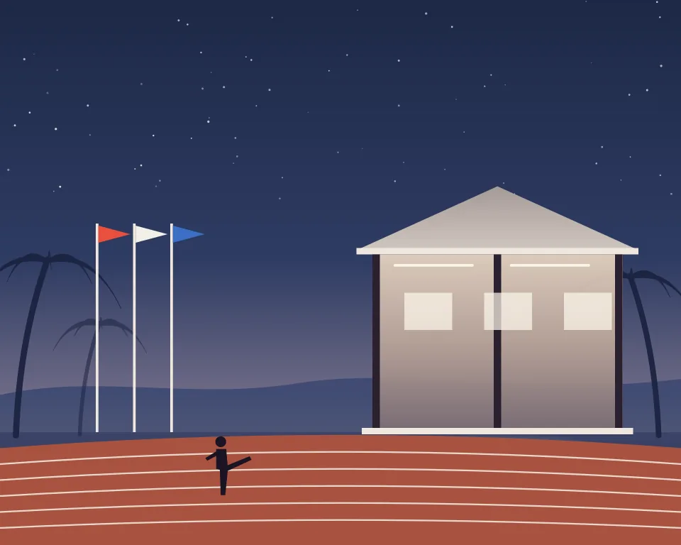 Drawn scene: a sports clubhouse with flags beside a running track.
