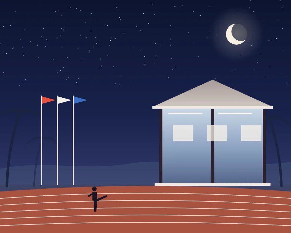 Drawn scene: a sports clubhouse with flags beside a running track.