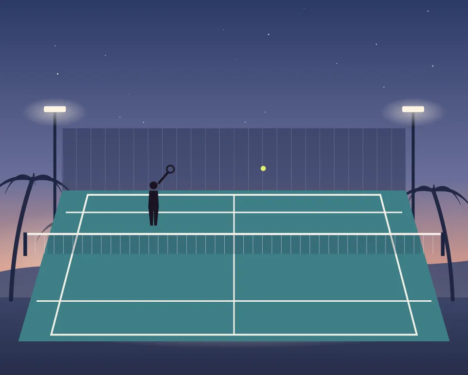 Drawn scene: a floodlit tennis court at dawn behind a mesh fence.