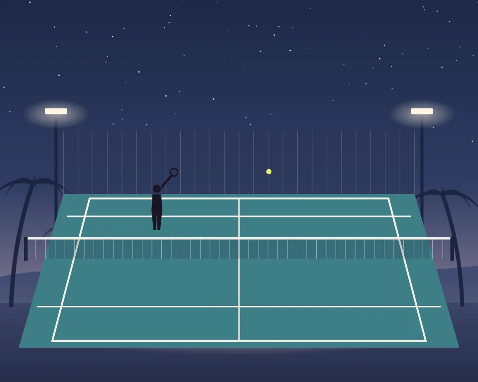 Drawn scene: a floodlit tennis court at dusk behind a mesh fence.