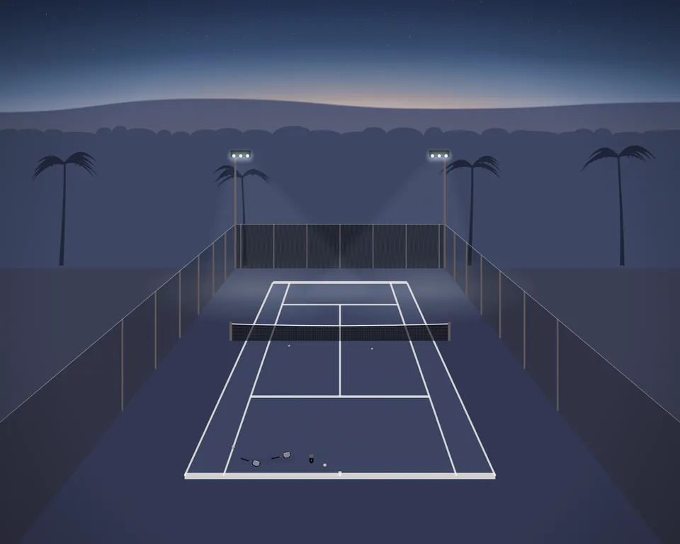 Illustration: a floodlit tennis court at dusk, viewed from behind the baseline, with rackets and a can of balls.