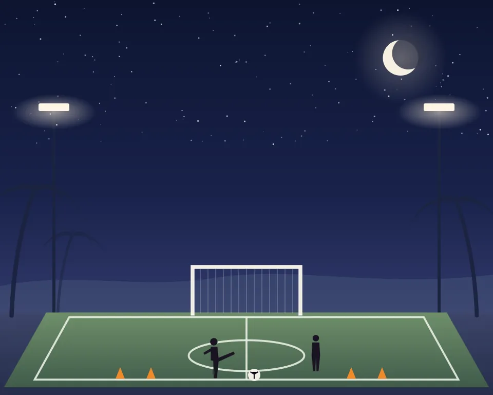 Drawn scene: a floodlit youth football pitch with a goal and cones.