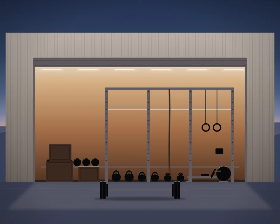 Illustration: a functional training gym at dusk with an open roller door, a rig, rings, kettlebells and a rower.