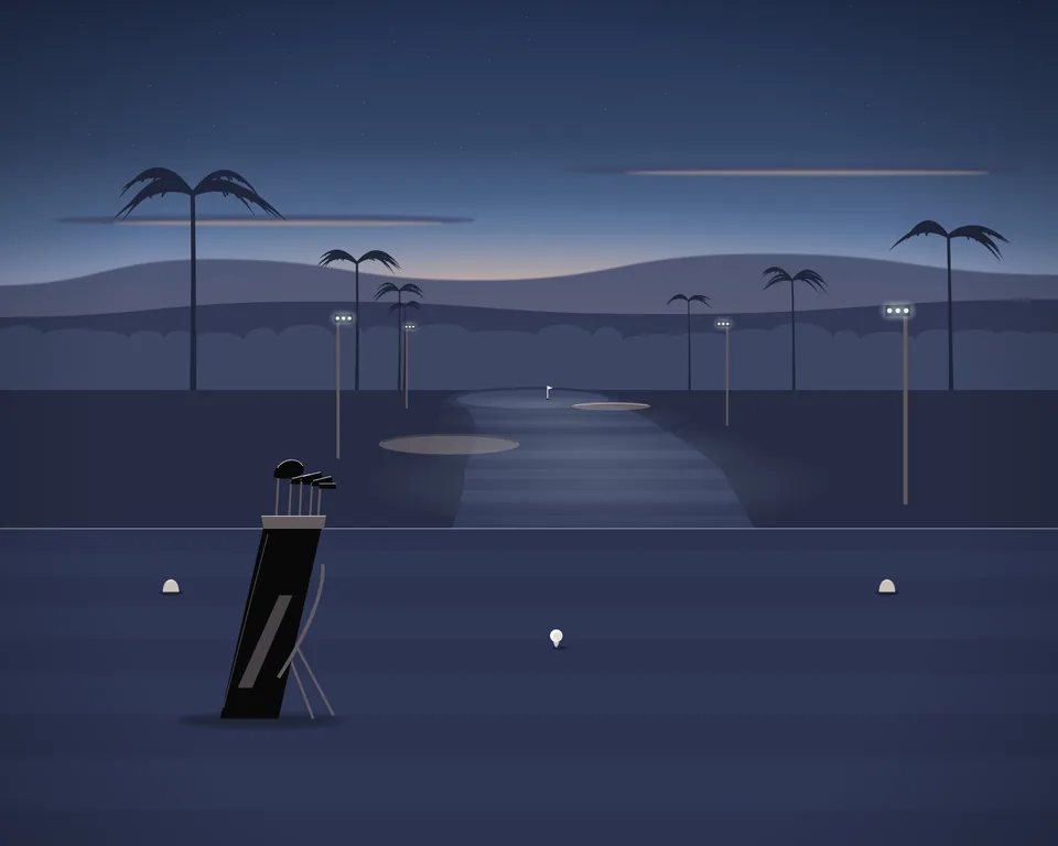 Illustration: a golf hole at dusk seen from the tee, with a ball, golf bag and a flag down the fairway.