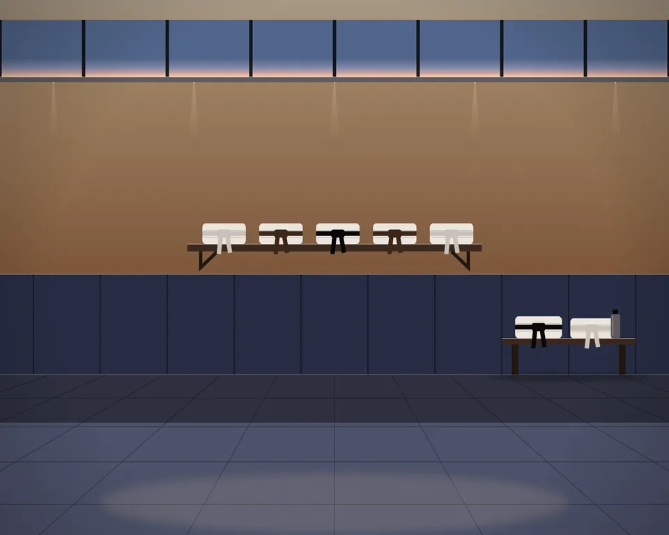Illustration: a grappling academy at dusk with padded walls, mats and folded uniforms tied with belts.