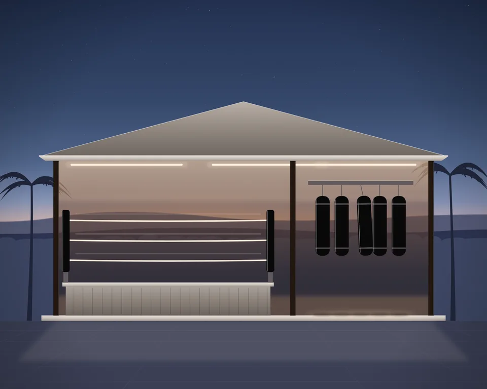 Illustration: an open-sided Muay Thai training hall at dusk, a raised boxing ring with ropes on the left and a row of heavy bags hanging from a beam on the right, lit under the roof