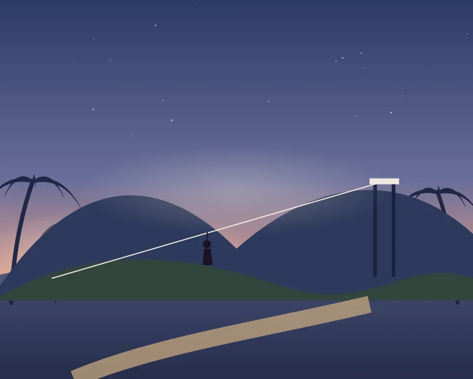 Drawn scene: green hills at dawn with a zipline and a trail.