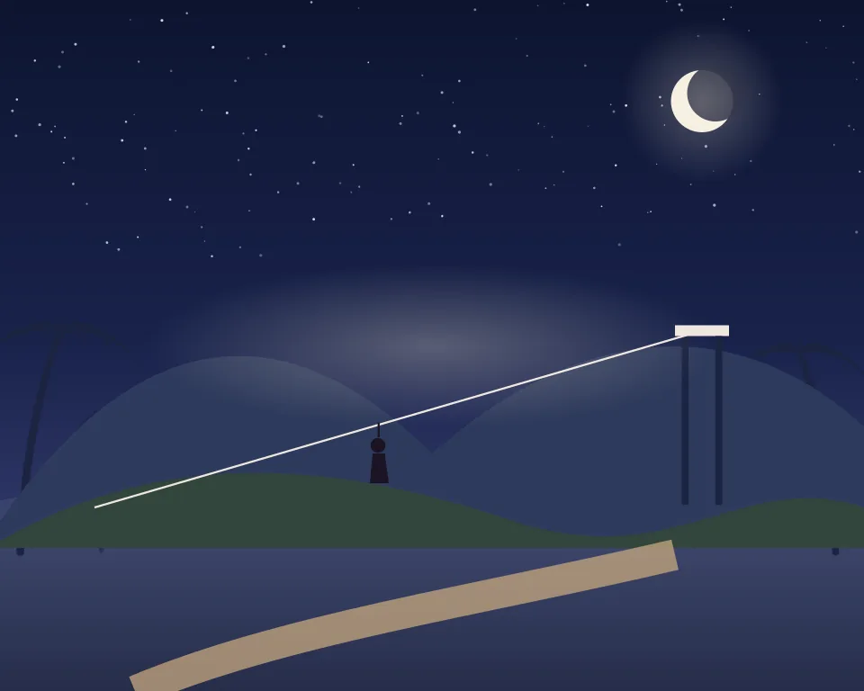 Drawn scene: green hills at night with a zipline and a trail.