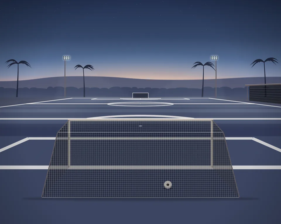 Illustration: a football pitch at dusk under floodlights, viewed from behind one goal.