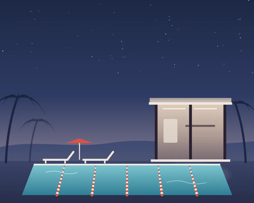Drawn scene: a lit lap pool with lane ropes and sun loungers at dusk.