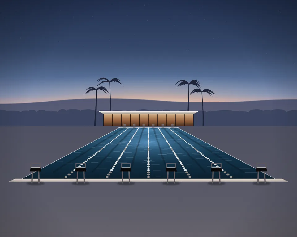 Illustration: a lap pool at dusk with lane ropes, starting blocks and a low pavilion.