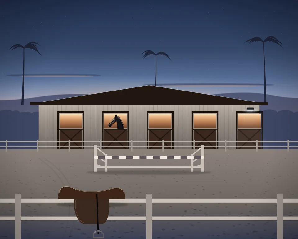 Illustration: riding stables at dusk, with a saddle on the arena rail, a show jump and a horse at a lit door.