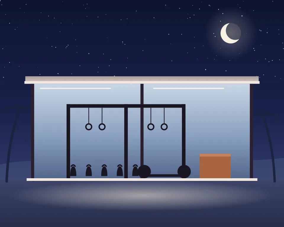 Drawn scene: a functional-training rig with rings, kettlebells and a box.