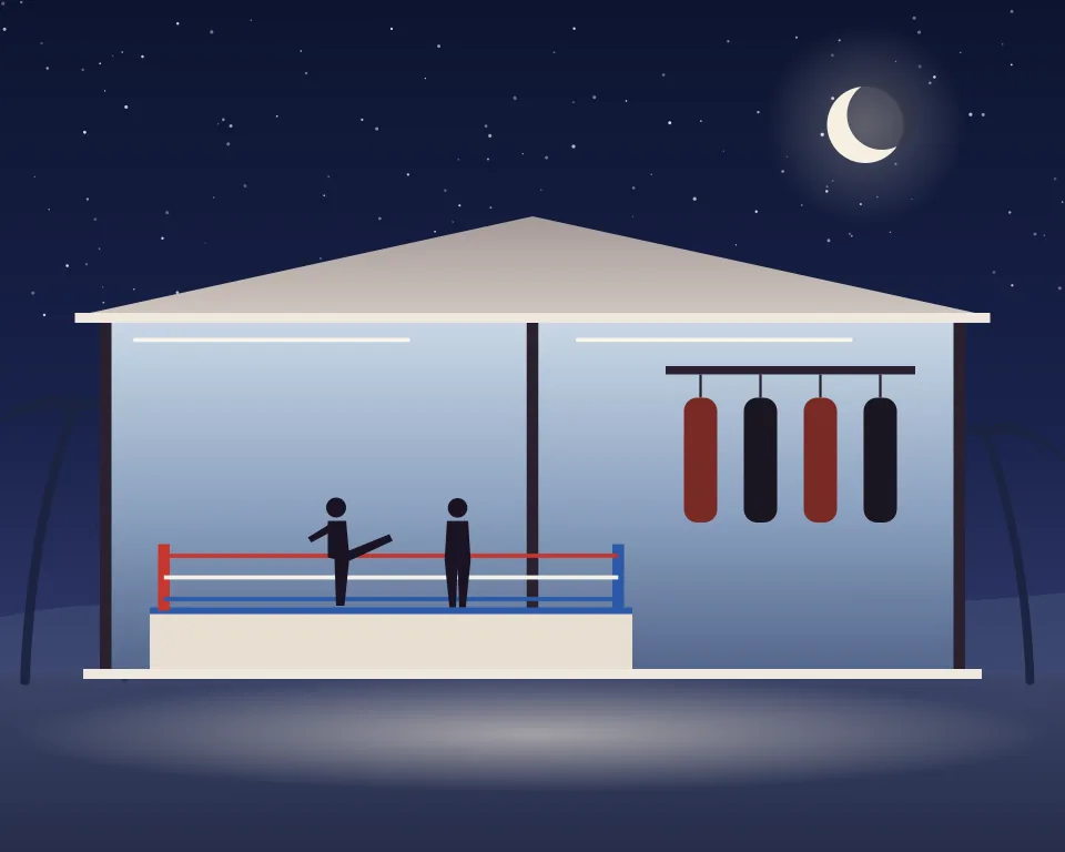 Drawn scene: an open-air Muay Thai camp at night with a raised ring and heavy bags.