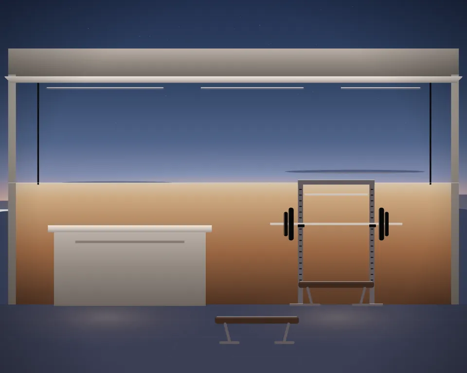 Illustration: a warm training-hall welcome counter and a loaded power rack beyond a clear floor at blue hour; generic setting, not a depiction of a listed venue.