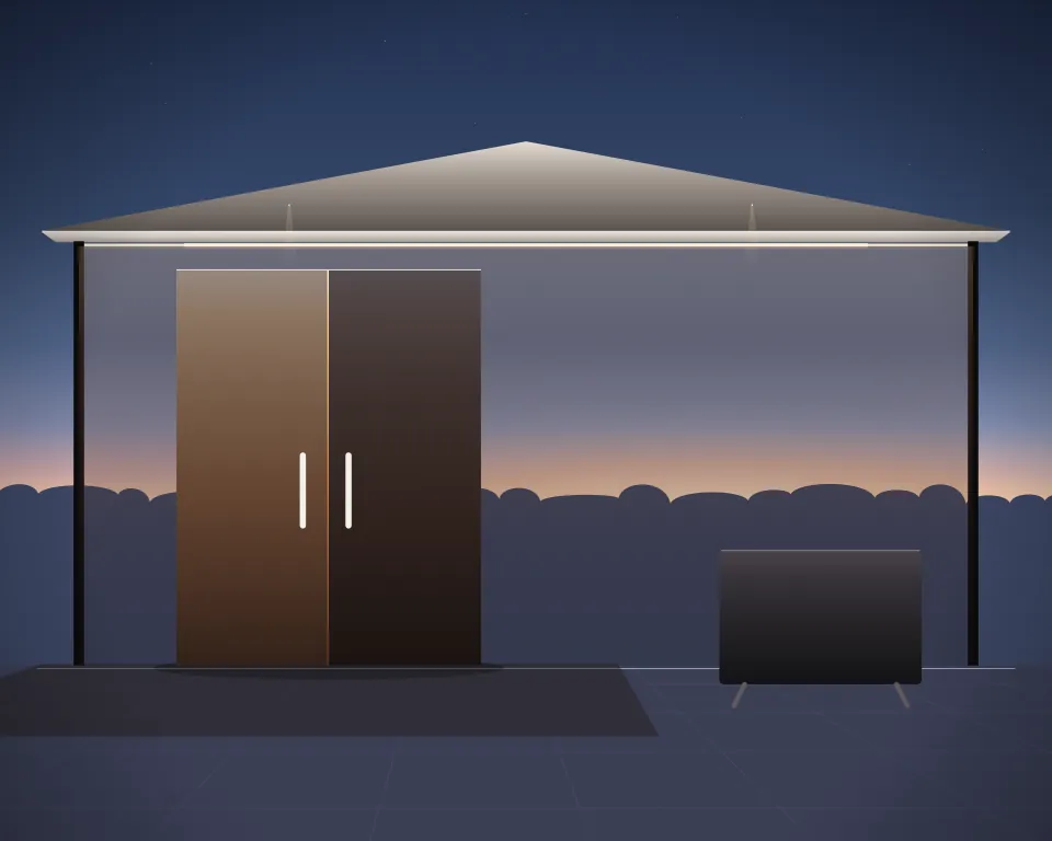 Illustration: an empty training-hall entrance and an unlettered listing display in a generic open training canopy, an offset equipment view, at early blue hour. Generic artwork, not a depiction of a listed venue.