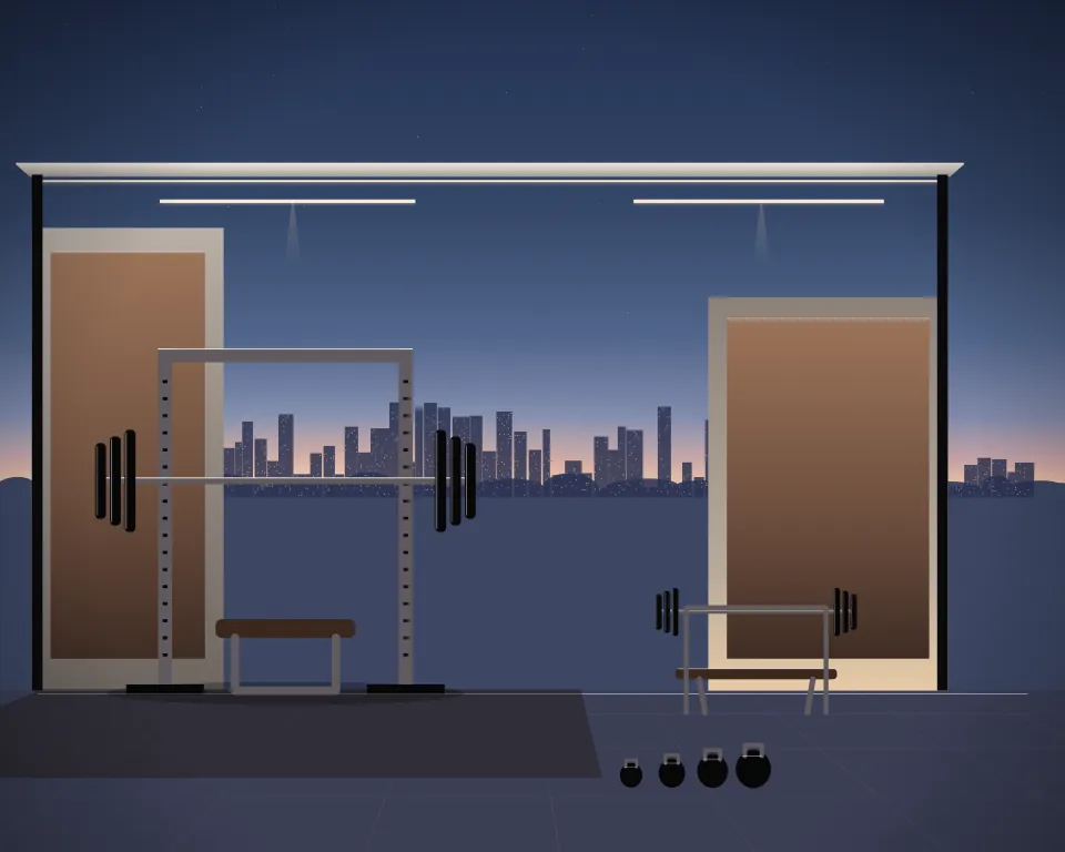 Illustration: a loaded power rack and flat bench, with bench in a second practice bay in a generic urban courtyard, three separate practice zones, at early blue hour. Generic artwork, not a depiction of a listed venue.