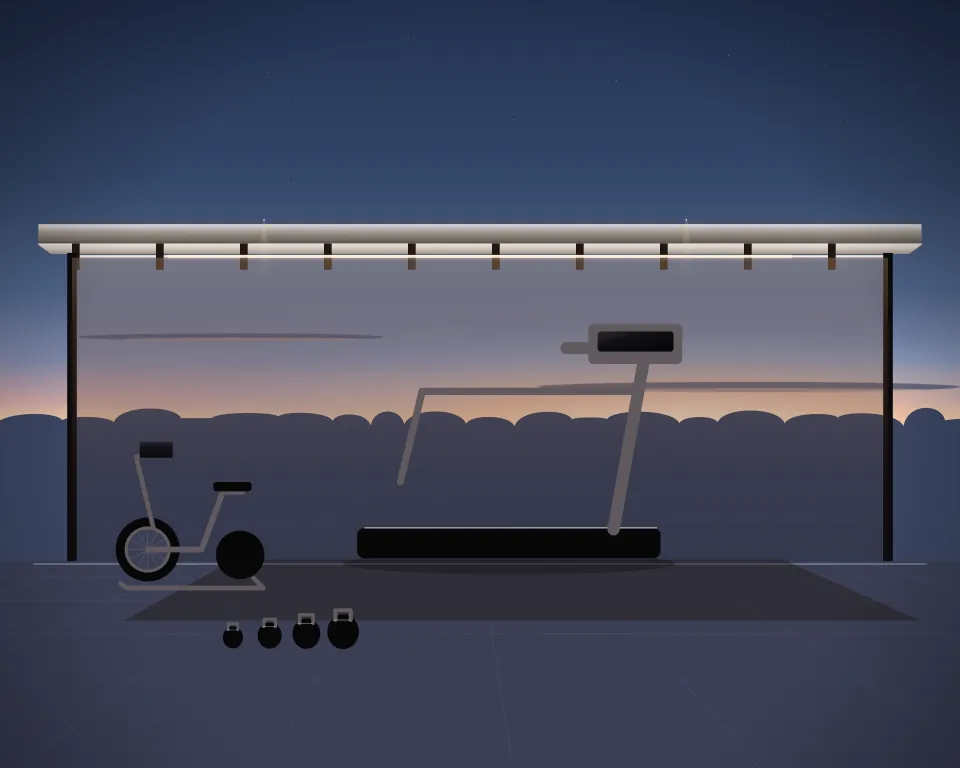 Illustration: a treadmill with a blank console, with airbike in a second practice bay in a generic open training canopy, a close central equipment study, at blue hour with a softer horizon. Generic artwork, not a depiction of a listed venue.