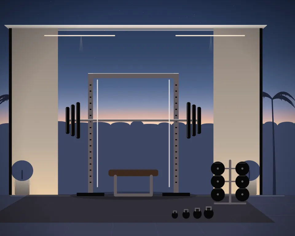 Illustration: a guided barbell station, with plates in a second practice bay in a generic garden studio, a low equipment panorama, at blue hour with a softer horizon. Generic artwork, not a depiction of a listed venue.