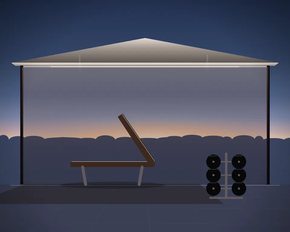 Illustration: an incline bench, with plates in a second practice bay in a generic open training canopy, an offset equipment view, at early blue hour. Generic artwork, not a depiction of a listed venue.