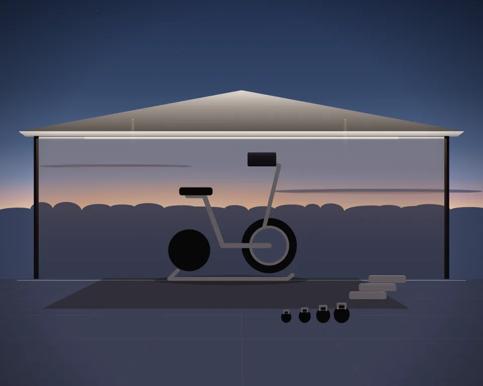 Illustration: a stationary training bicycle, with steps in a second practice bay in a generic open training canopy, a close central equipment study, at late blue hour. Generic artwork, not a depiction of a listed venue.