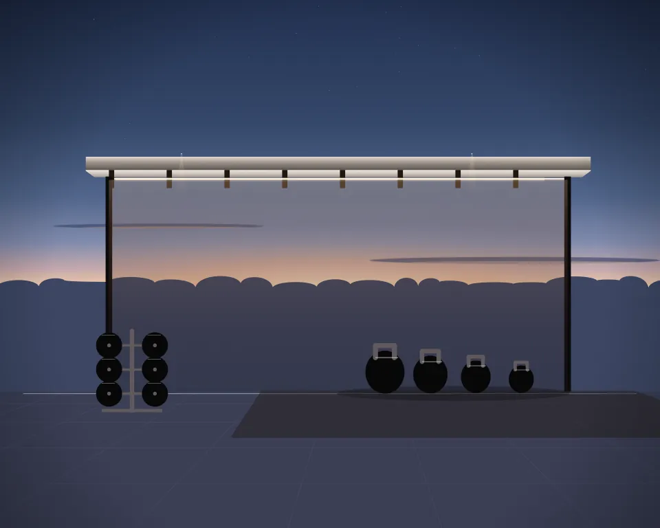 Illustration: a graduated set of kettlebells, with plates in a second practice bay in a generic open training canopy, a right-weighted view, at early blue hour. Generic artwork, not a depiction of a listed venue.