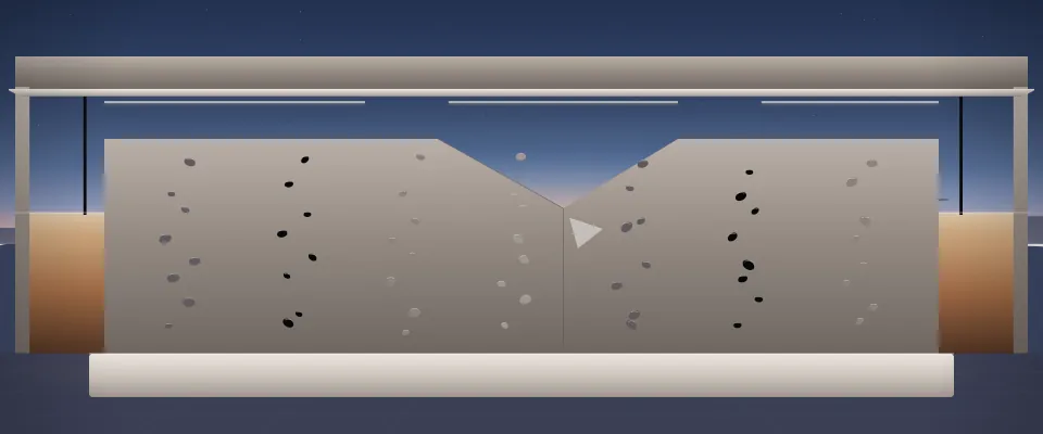 Illustration: a bouldering wall with angled panels, stone-toned holds and pale crash mats at blue hour; generic setting, not a depiction of a listed venue.