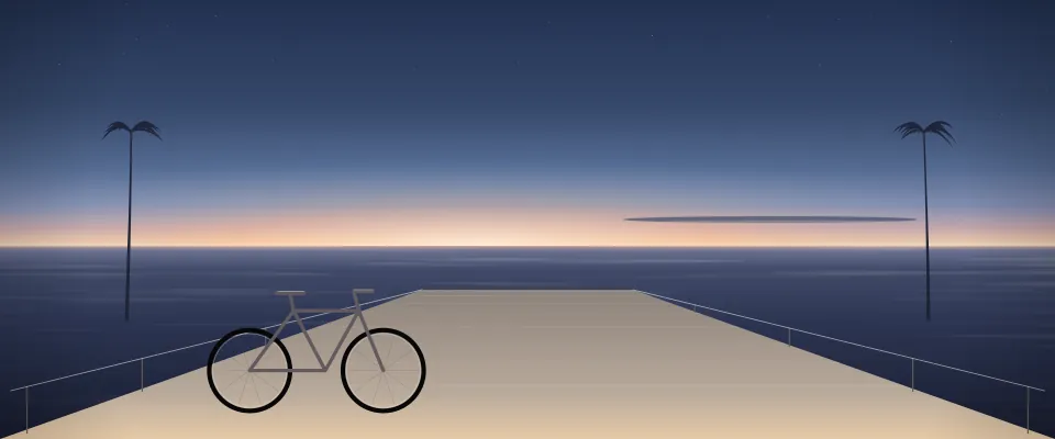 Illustration: a generic public-exercise promenade with a parked bicycle, suggesting running and cycling without a club or route claim at blue hour; generic setting, not a depiction of a listed venue.