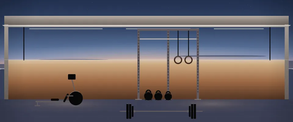 Illustration: a functional-training rig with gymnastic rings, kettlebells, a rowing machine and a loaded barbell at blue hour; generic setting, not a depiction of a listed venue.