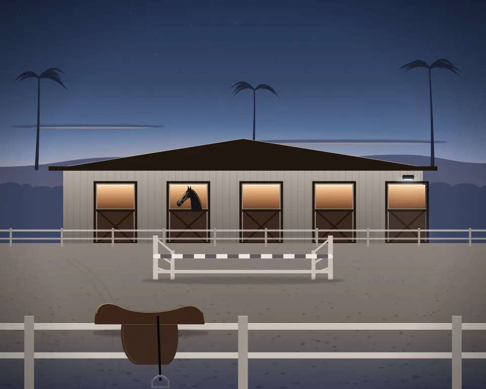 Illustration: a generic riding arena with a saddle on its rail, a show jump and a horse at a warm-lit stable half-door at blue hour; generic setting, not a depiction of a listed venue.