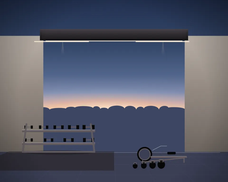 Illustration: a two-tier dumbbell gallery, with rower in a second practice bay in a generic warehouse bay, three separate practice zones, at late blue hour. Generic artwork, not a depiction of a listed venue.
