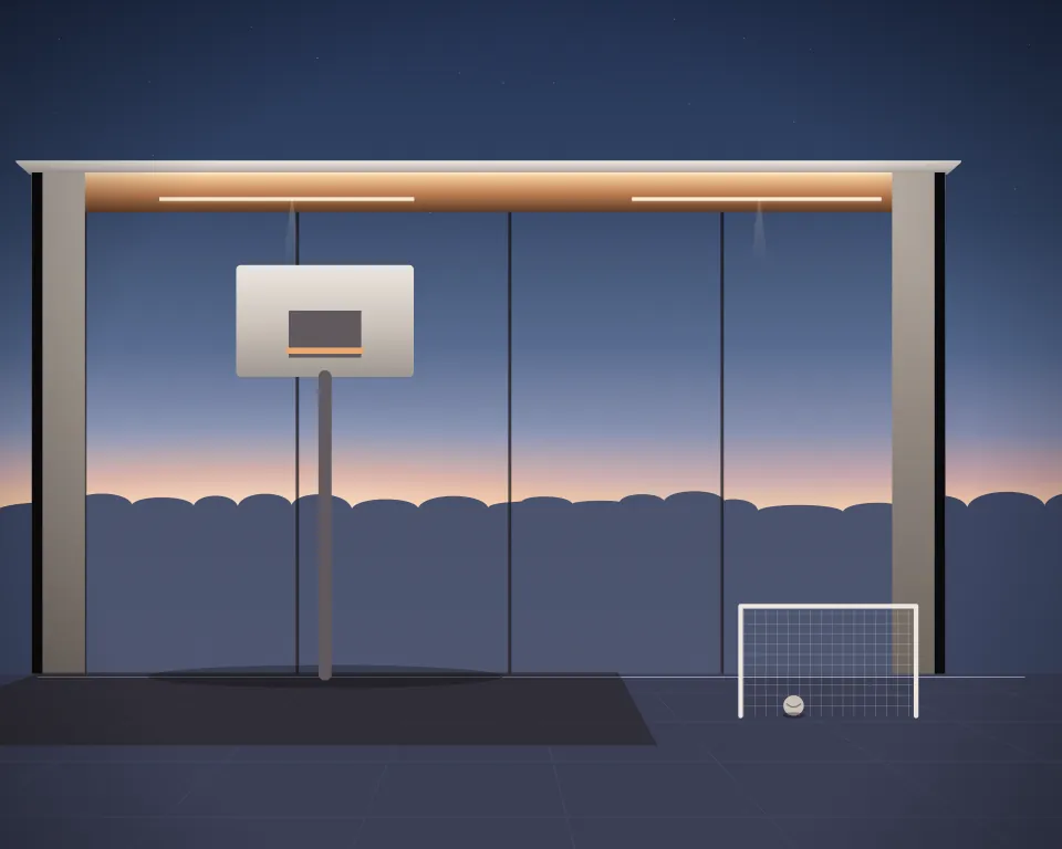 Illustration: a basketball hoop and backboard, with goal in a second practice bay in a generic glass training hall, an offset equipment view, at early blue hour. Generic artwork, not a depiction of a listed venue.