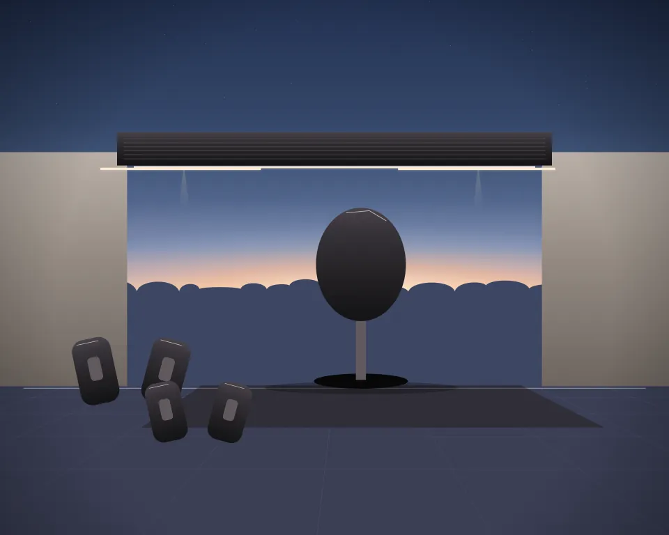 Illustration: a free-standing teardrop training bag, with kick shields in a second practice bay in a generic warehouse bay, a close central equipment study, at blue hour with a softer horizon. Generic artwork, not a depiction of a listed venue.