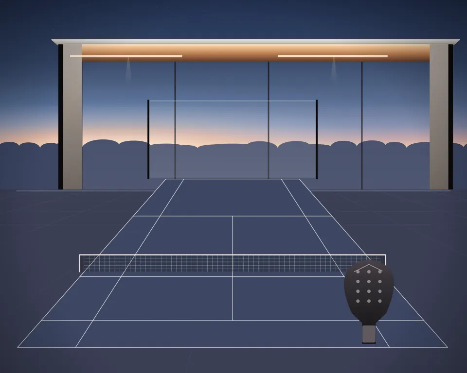 Illustration: a padel court with a full net, court markings and a racket in a generic glass training hall, an offset equipment view, at late blue hour. Generic artwork, not a depiction of a listed venue.