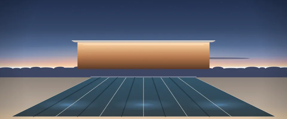 Illustration: an empty lap pool with lane ropes and light beneath the water, in front of a warm-lit pavilion at blue hour; generic setting, not a depiction of a listed venue.