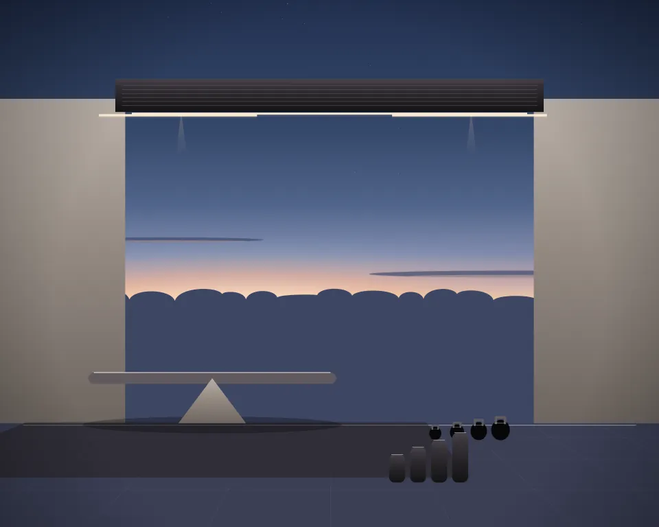 Illustration: a low balance station, with kettlebells in a second practice bay in a generic warehouse bay, three separate practice zones, at early blue hour. Generic artwork, not a depiction of a listed venue.