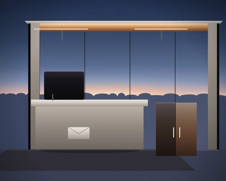 Illustration: a reception counter with a blank message screen and an open training-hall doorway in a generic glass training hall, a low equipment panorama, at early blue hour. Generic artwork, not a depiction of a listed venue.