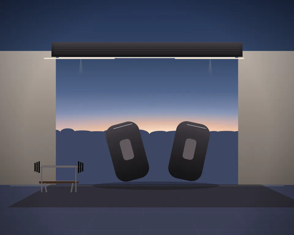 Illustration: a private practice bay prepared with kick shields and a low bench in a generic warehouse bay, a central feature and foreground equipment, at early blue hour. Generic artwork, not a depiction of a listed venue.