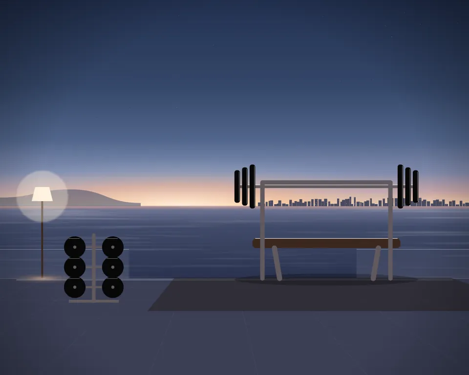 Illustration: a bench-press station, with plates in a second practice bay in a generic beach deck, a right-weighted view, at early blue hour. Generic artwork, not a depiction of a listed venue.
