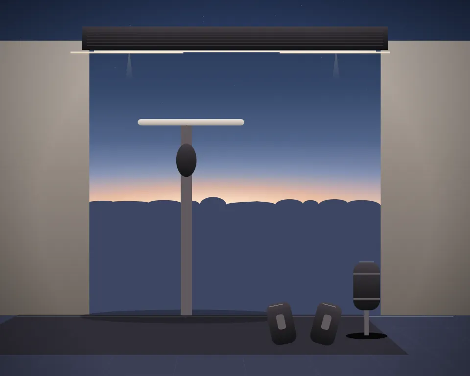 Illustration: a speed-bag platform, with bag in a second practice bay in a generic warehouse bay, a low equipment panorama, at blue hour with a softer horizon. Generic artwork, not a depiction of a listed venue.