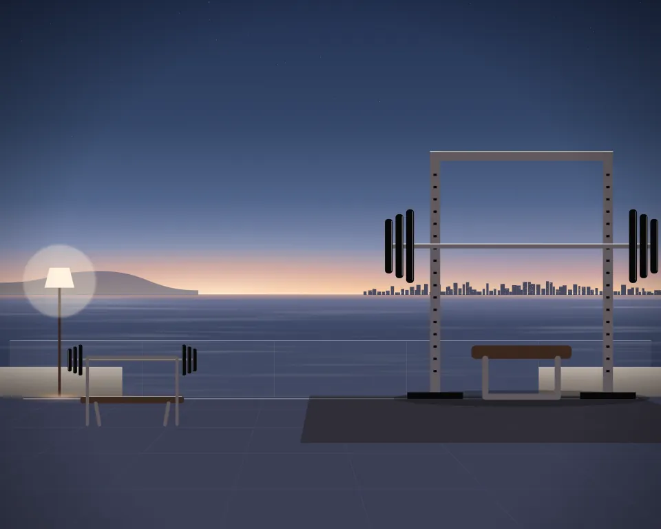 Illustration: a loaded power rack and flat bench, with bench in a second practice bay in a generic rooftop terrace, a right-weighted view, at early blue hour. Generic artwork, not a depiction of a listed venue.