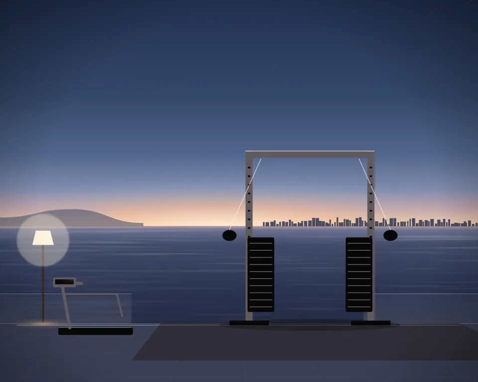 Illustration: a dual cable-pulley station, with treadmill in a second practice bay in a generic beach deck, a tall station at the right, at late blue hour. Generic artwork, not a depiction of a listed venue.