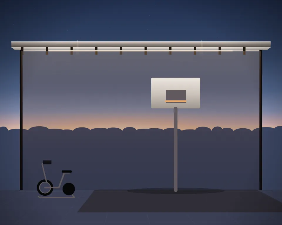 Illustration: a basketball hoop and backboard, with cycle in a second practice bay in a generic open training canopy, a tall station at the right, at early blue hour. Generic artwork, not a depiction of a listed venue.