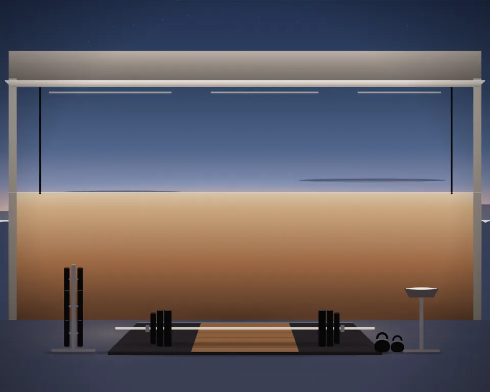 Illustration: a lifting platform with a loaded barbell, a plate tree, a chalk stand and two kettlebells in an open gym at blue hour; generic setting, not a depiction of a listed venue.