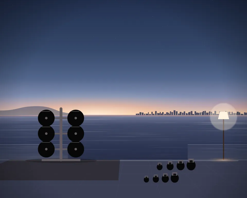 Illustration: a weight-plate storage tree, with kettlebells in a second practice bay in a generic beach deck, three separate practice zones, at late blue hour. Generic artwork, not a depiction of a listed venue.