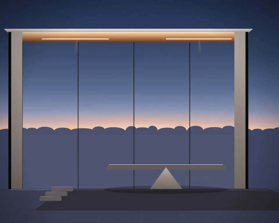 Illustration: a low balance station, with steps in a second practice bay in a generic glass training hall, a tall station at the right, at blue hour with a softer horizon. Generic artwork, not a depiction of a listed venue.