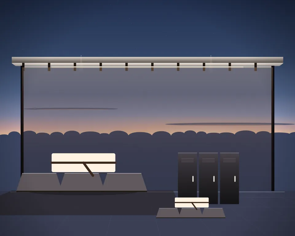 Illustration: grappling mats and a folded belted uniform, with lockers in a second practice bay in a generic open training canopy, three separate practice zones, at late blue hour. Generic artwork, not a depiction of a listed venue.
