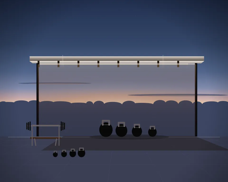 Illustration: a graduated set of kettlebells, with bench in a second practice bay in a generic open training canopy, a close central equipment study, at late blue hour. Generic artwork, not a depiction of a listed venue.